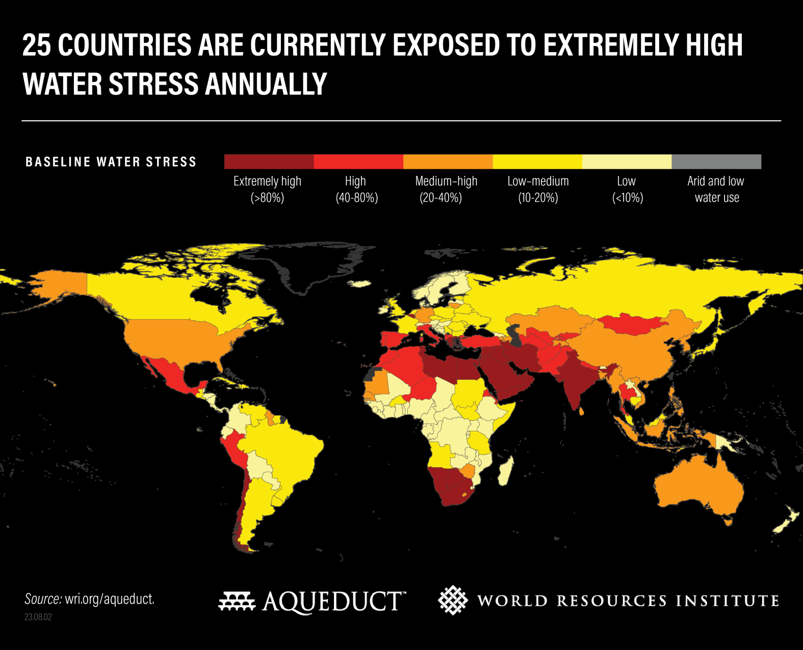 carte du stress hydrique estimé par le WRI, par pays dans le monde